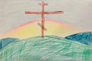 A picture drawn by a child of an Orthodox cross on a hill