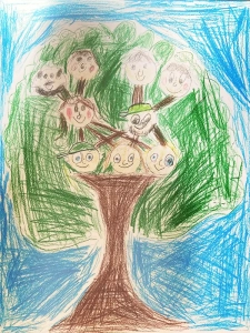A picture drawn by a child of a tree with faces in the branches