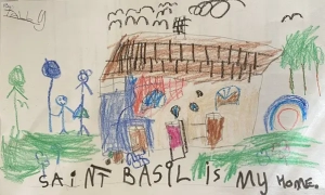 A picture drawn by a child of a house and figures standing next to it. Written on the picture is, 