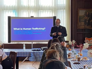 Father Peter Spiro speaking on human trafficking at Saint Basil Academy