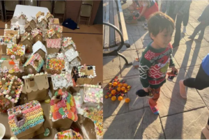 Two images side by side. One is of a number of gingerbread houses. The other is of a young boy.