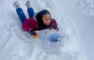 A girl sledding in the snow