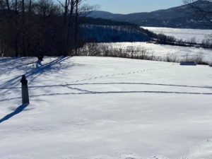 Snow on Saint Basil campus with the icy Hudson River in the background