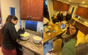 Two images. On the left a lady is using an electric mixer to blend ingredients in a bowl. On the right a smiling lady with youth in a kitchen.