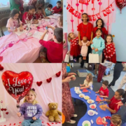 Four pictures of children doing activities, such as crafts, at the Saint Basil Valentine's Day party.