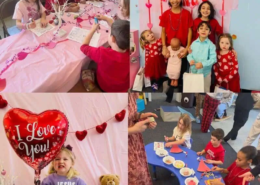 Four pictures of children doing activities, such as crafts, at the Saint Basil Valentine's Day party.