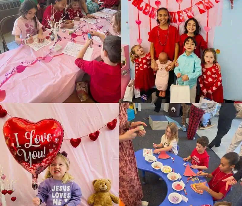 Four pictures of children doing activities, such as crafts, at the Saint Basil Valentine's Day party.