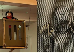 Two images from the trip to Mid-Hudson Discovery Museum. The image on the left is a boy dressed firefighter in a mock lift bucket. The image on the right is a child's body imprint on a pinscreen.