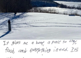 A snowy scene of the Saint Basil Academy campus looking out to an icy Hudson River. The quote under the picture, "It gives me a home, a place to stay, food, and everything I need. It's my anchor."