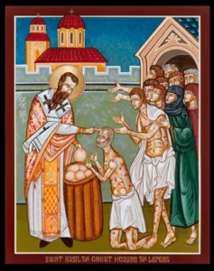 An icon of Saint Basil handing out bread to those in need