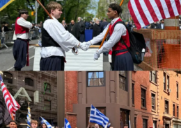 Two images from the 2026 Greek Independence Day parade. Top image of two young men shaking hands. The one on the left is holding a Greek flag and the one on the right is holding an American flag. Bottom image is of children, youth and staff from Saint Basil Academy with flags.