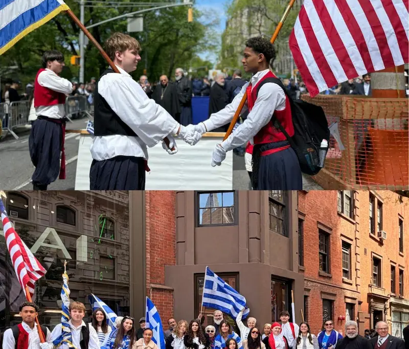 Two images from the 2026 Greek Independence Day parade. Top image of two young men shaking hands. The one on the left is holding a Greek flag and the one on the right is holding an American flag. Bottom image is of children, youth and staff from Saint Basil Academy with flags.